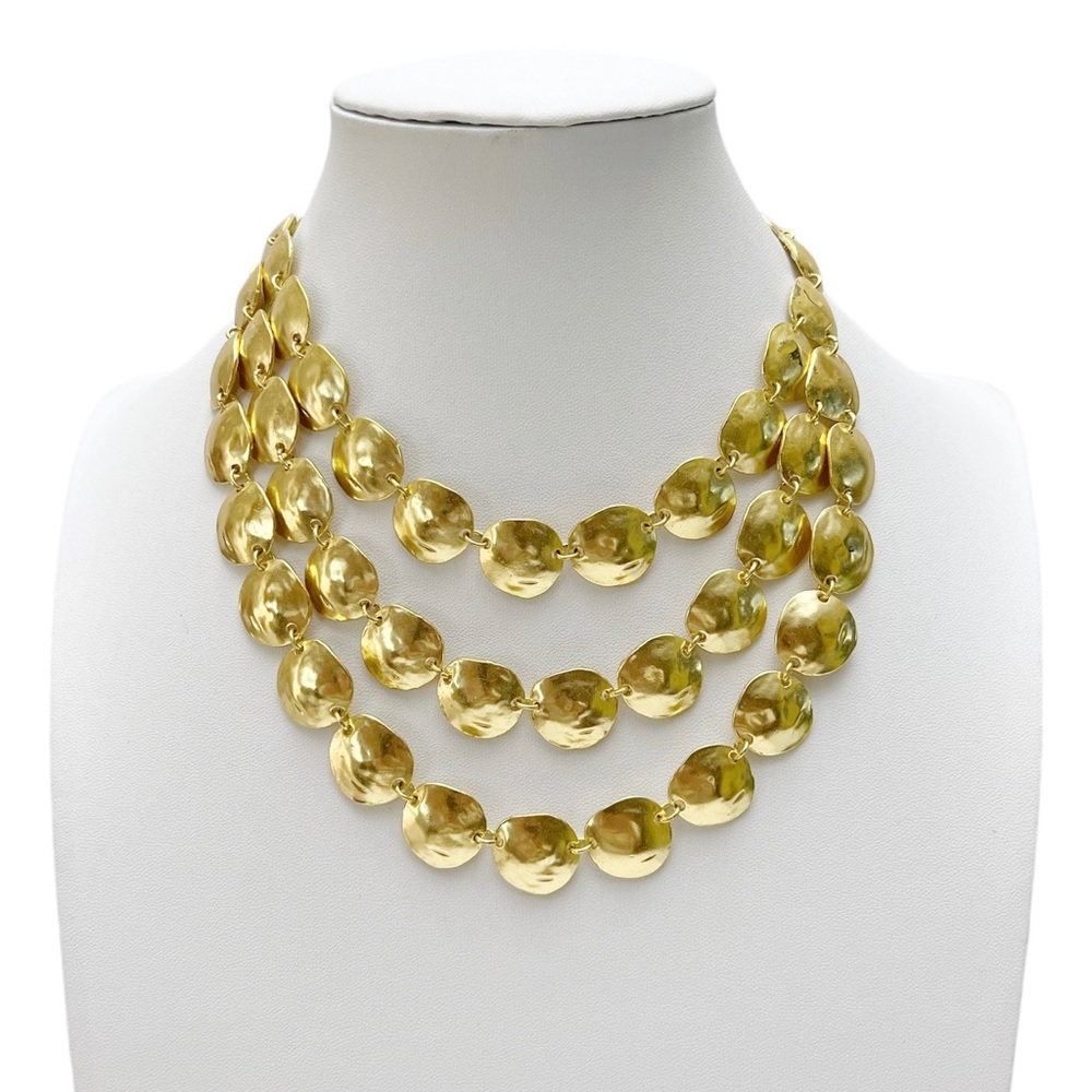 Vintage Karine Sultan Paris Matte Goldtone Hammered Disc Multi Chain Necklace